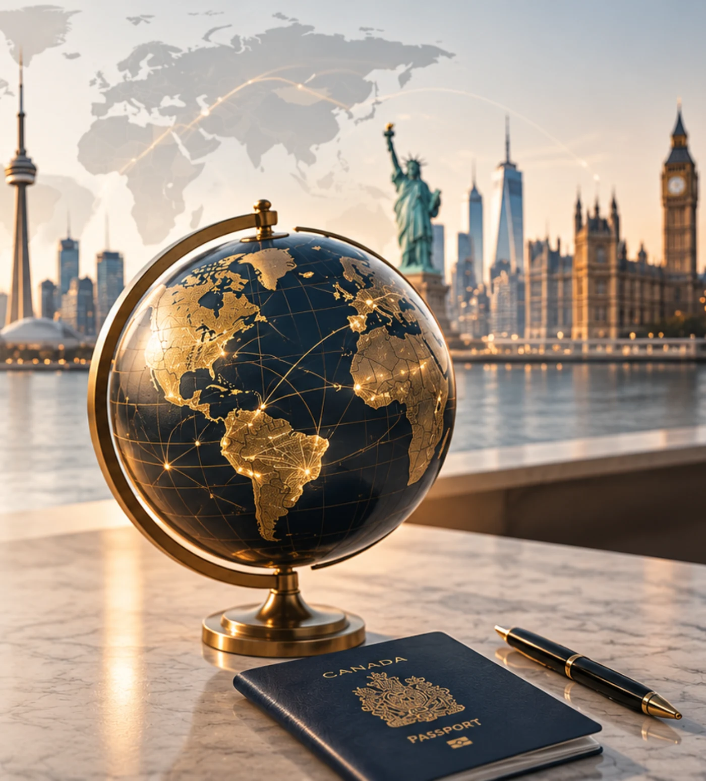Globe, Canadian passport and world skyline representing Canada, U.S. and worldwide immigration